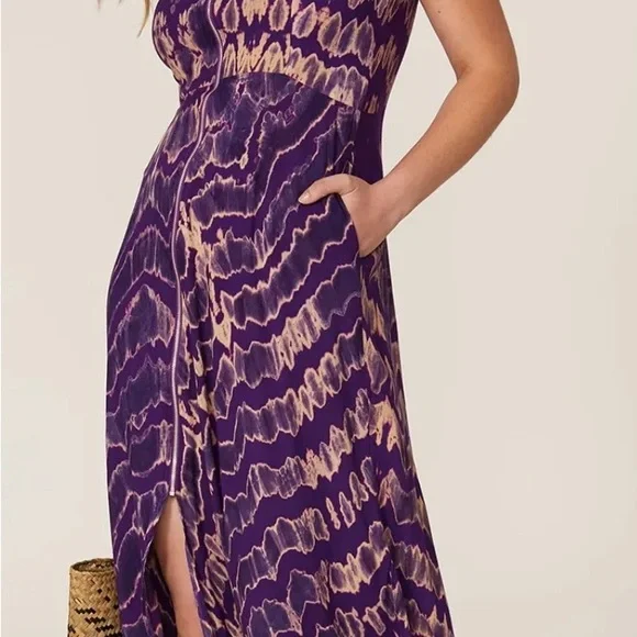 KAHINDO dress African Inspired ty-dy purple & gold zipper sleeveless frayed hem - Picture 3 of 7